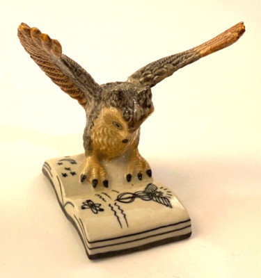 Vintage Porcelain Wise Owl on Book Figurine Spread Wings