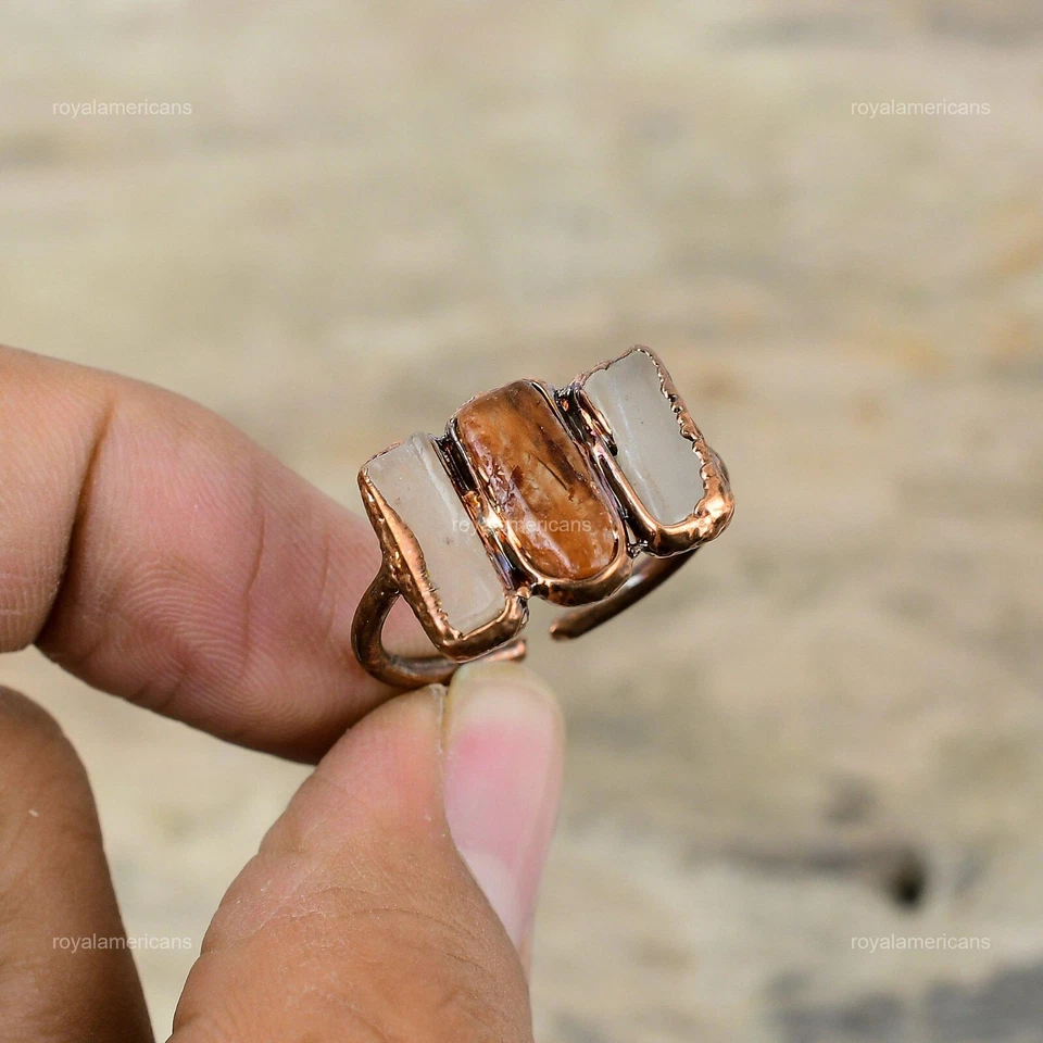 Anillo Boho Promesa Electroformada Piedras Preciosas Áspera Cornalina Cobre Oferta Día de la Madre Foto 3 de 4