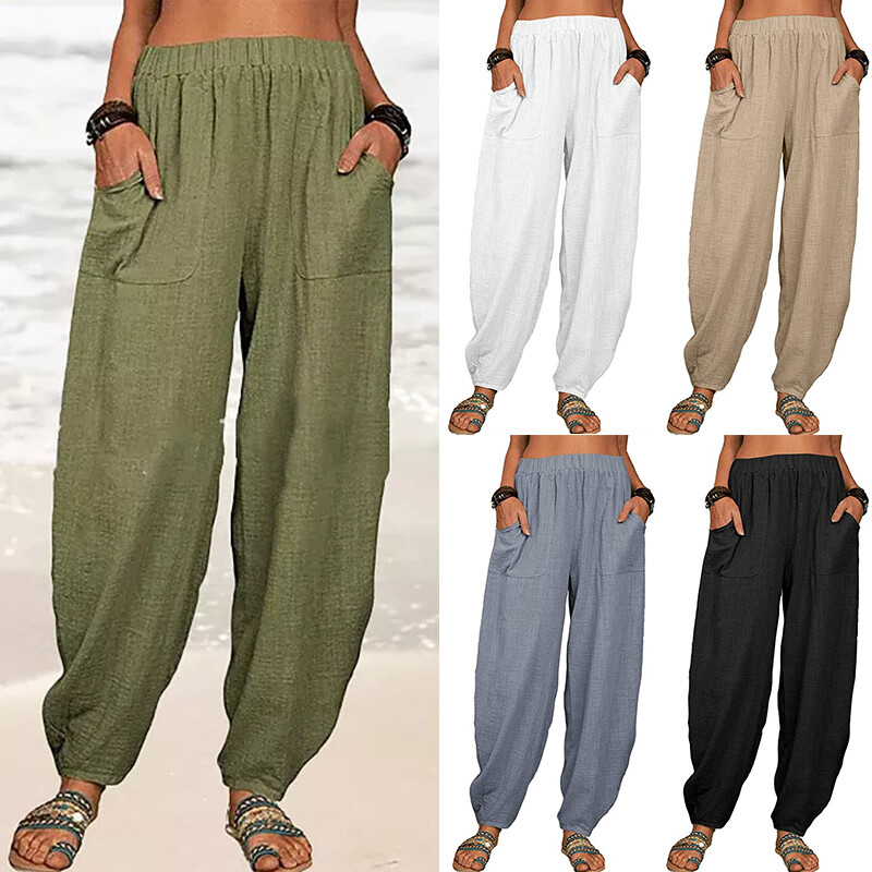 Summer Womens Ladies Cotton Linen Baggy Casual Harem Pants Trousers Plus Size✲