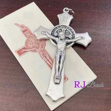 Large 3" Saint St Benedict Silver Crucifix Cross Pendant - Made in Italy Pendant