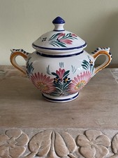 Vintage Henriot Quimper French Faience Pottery Twin Handled Jar And Cover
