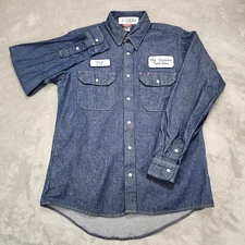 Red Kap Denim Work Shirt Mens Medium Blue Long Sleeve Pearl Snap Mid Continent