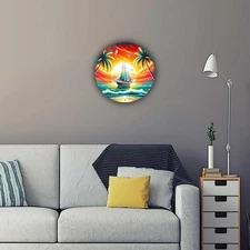 1pc 7.87x7.87 Inch Aluminum Round Metal Wall Art - Tropical Sunset Sailboat & P