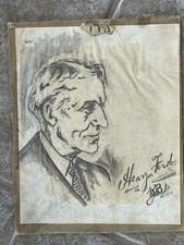 Henry Ford Signed Vintage Pencil Sketch With National Geographic Clipping
