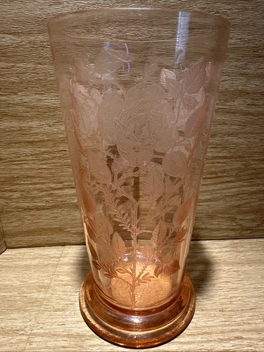 Vintage Depression Era Glass Pink Footed Tumbler Deco Stemmed Rose Etched 1930s