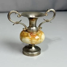 Vintage Banded Onyx & Silver Toned Miniature Vase Urn Trophy Style ~ 3.5" Tall