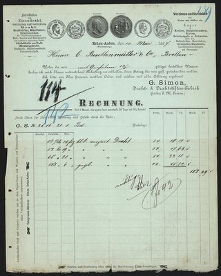 Rechnung Erlau-Aalen 1887, G. Simon Draht- & Drahtstiften-Fabrik, Gewonnene Med 