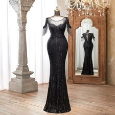 Black Sequin Formal Evening Dress Tassel Sleeves Sheer Mesh Floor-Length Dress