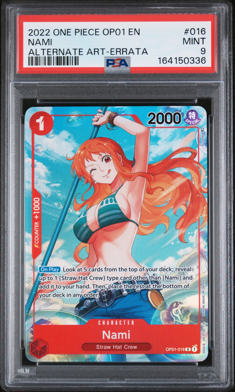 2022 ONE PIECE OP01-ROMANCE DAWN ALTERNATE ART-ERRATA #016 NAMI PSA 9