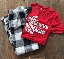 Old Navy Flannel Pajama Pants Set Black White Red Buffalo Plaid Christmas Tshirt
