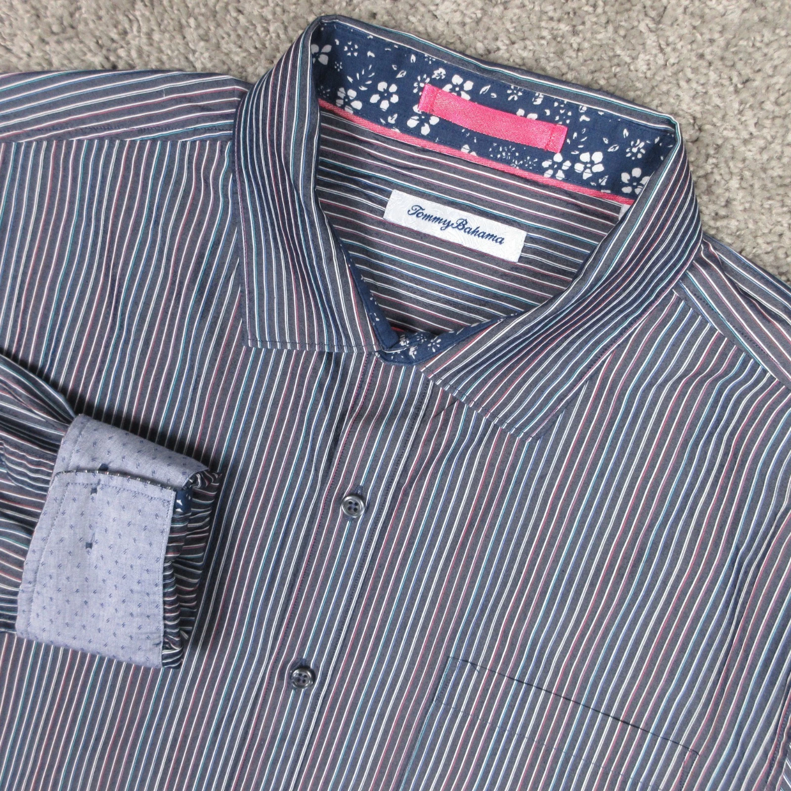 Tommy Bahama Shirt Mens Large Blue Striped Flip Cuff Party Casual Button Up EUC