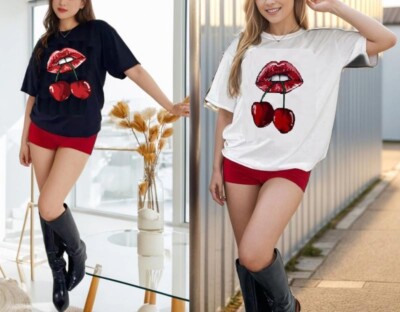 H.O.S Damen Kurzarm Kirschlippen Print Rundhals Übergröße Baggy T-Shirt