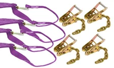 PURPLE Tie-Down LOOP STRAPS w/MINI J HOOK & Chain Ratchets 4-PACK TOW TRUCK