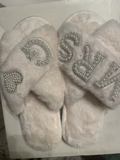 Miss to Mrs  G   MRS Embroidered Fluffy Slippers Ivory
