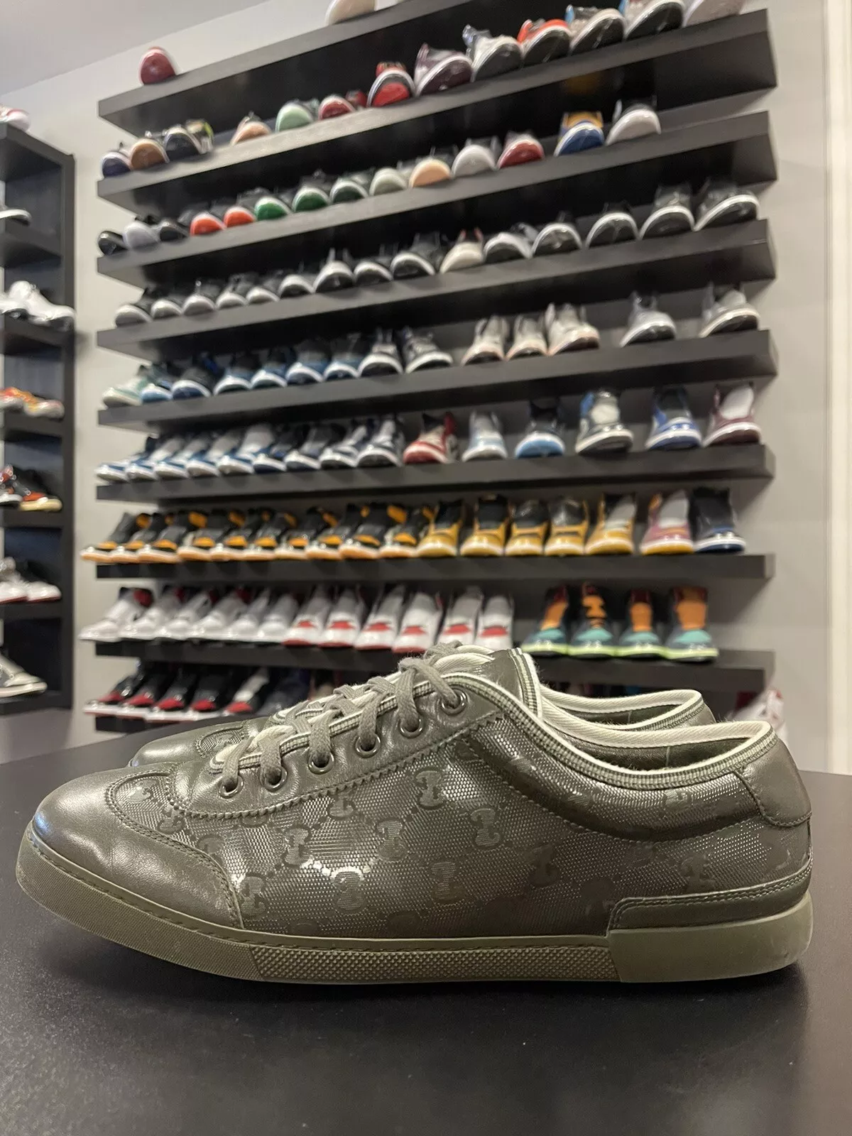 Baskets en cuir pour hommes vert olive Gucci GG Monogramme taille 9,5US/9G   Gucci GG Monogramme