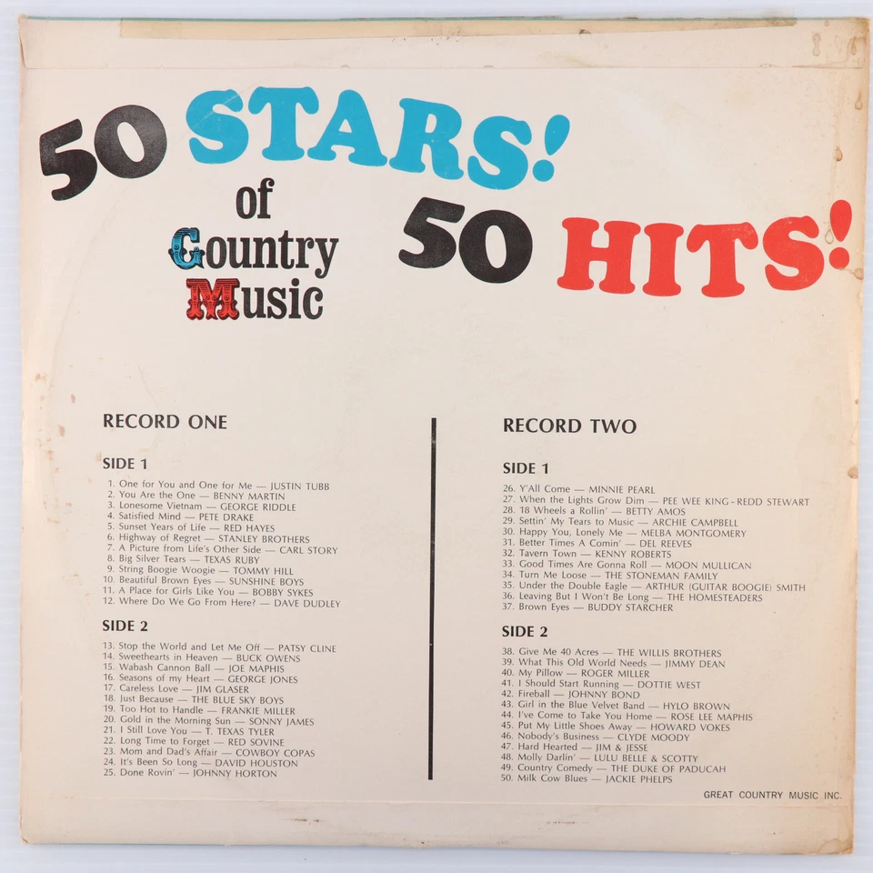 Various – 50 Stars! 50 Hits! Of Country Music - 1966 Mono Double LP (x2) CMS - Image 2 of 4