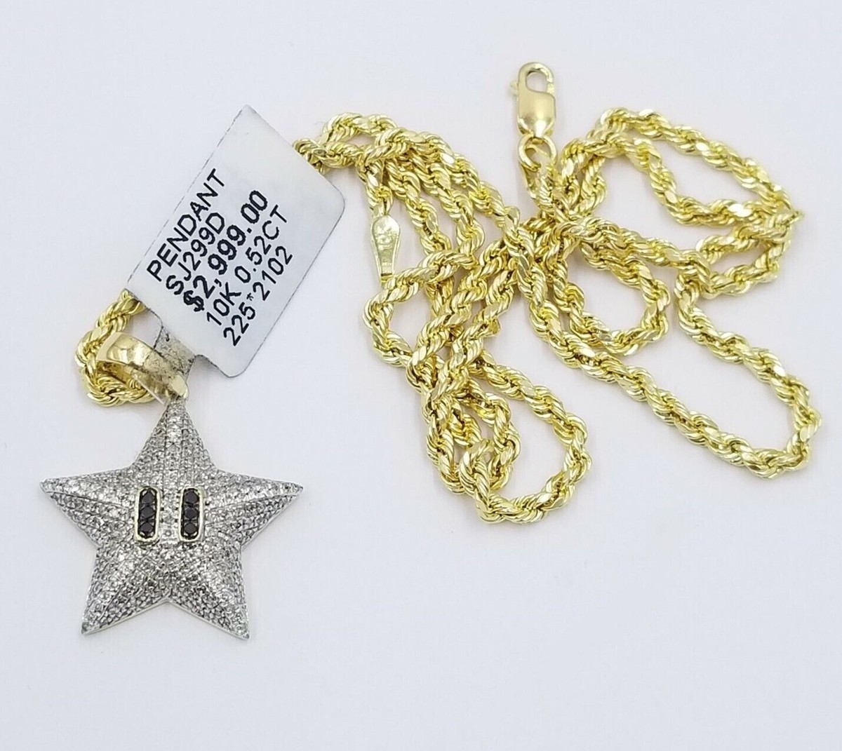 Y Real 10K Yellow Gold Star Emoji Diamond Charm Rope Chain 18