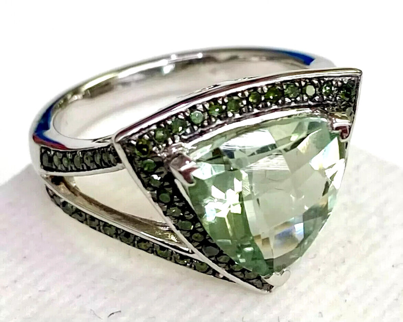 HSN Colleen Lopez Sterling Silver Trilliant Prasiolite Gem Diamond Ring 8