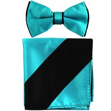 New formal Men's polyester pre-tied bow tie hankie black aqua blue stripes prom
