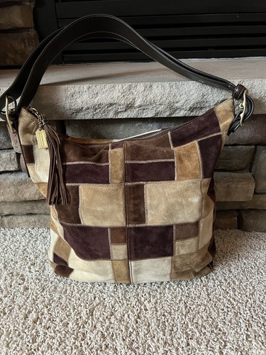 COACH Handbag Brown Multi Tones Patchwork Patch Suede Leather Shoulder F3S-9331