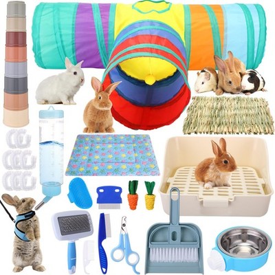 34PCS Rabbit Starter Kit Litter Box Water Bottle Tunnel Grooming Set Blue