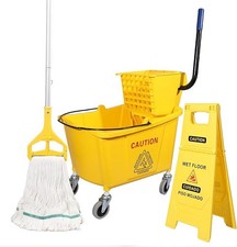 35Qt. Side-Press Mop Bucket and Wringer Including Wet Floor Sign and Mop