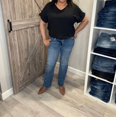 Risen Mid Rise Slim Relaxed Straight Leg Denim Jeans Medium Wash