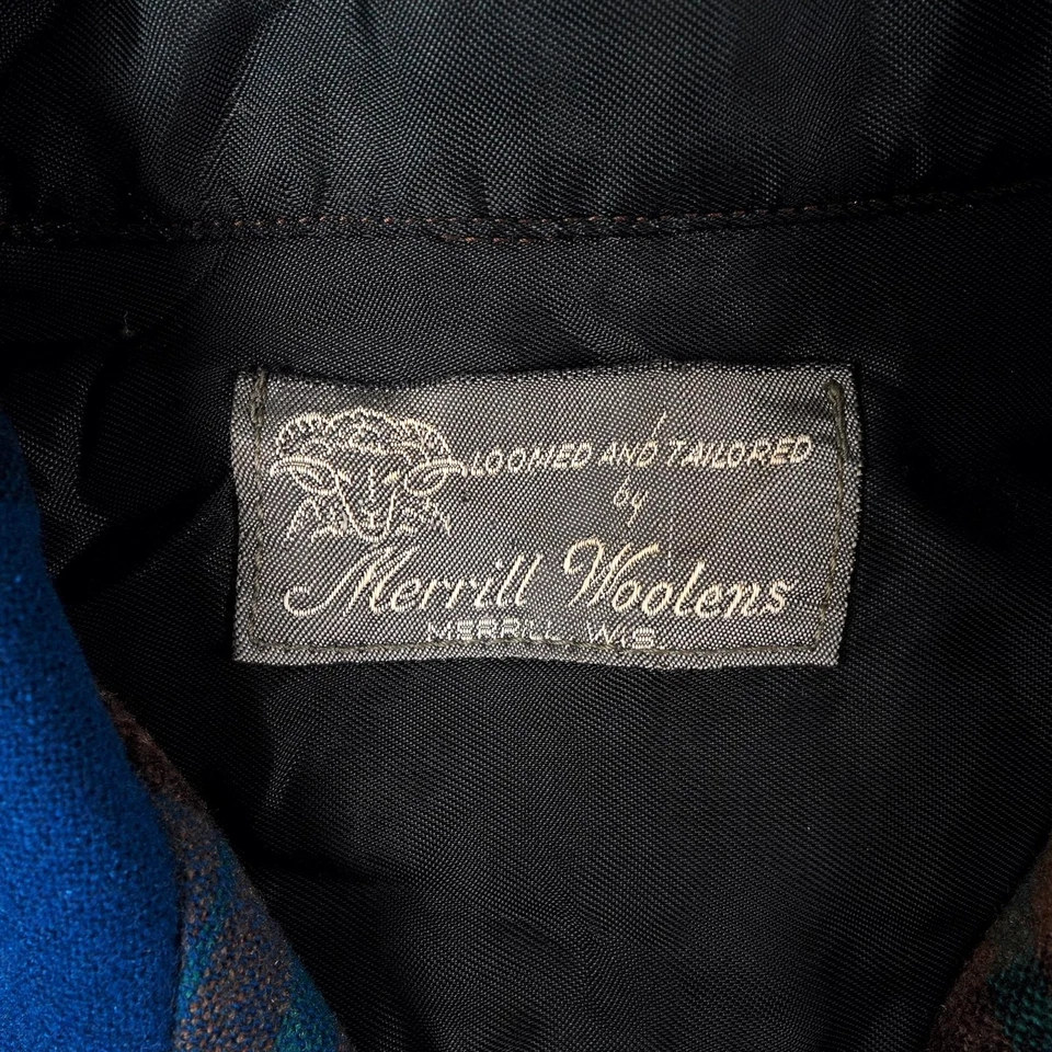 Vintage Merrill Woolens Shirt Mens Large Blue 60s Loop Collar Plaid Wool Jacket - Image 3 of 4