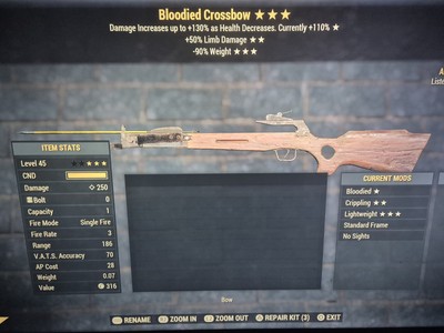 Fallout 76 Item (PS4/5) - BLUTIG, GLIEDMASSENSCHADEN, GEWICHTSREDUZIERTES ARMBRUST