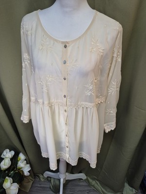 Semi Sheer Cream Blouse Floral Embroidered  3/4 Sleeve Boho Chic Blouse, Size 16