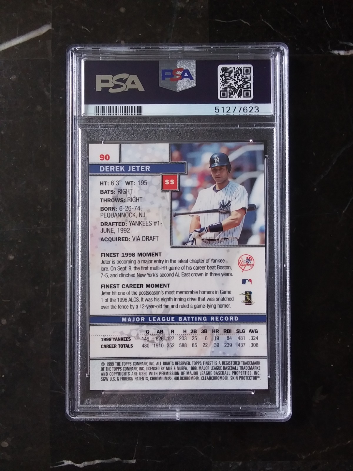 1999 Topps Finest PSA Pop 1 of 101 Derek Jeter #90 PSA 10 GEM MINT view 2