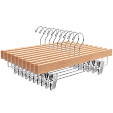 Amber Home 10 Pack Natural Wooden Pants Hangers with Clips, Wood 10, 