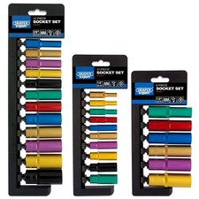 Draper 1/4" 3/8" 1/2" Deep Socket Sets Metric Colour Coded CRV c/w Storage Rail