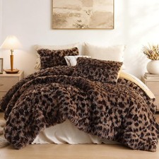 Leopard Print Fluffy Full Size Comforter Sets, Brown Cheetah Faux Fur Comforter,