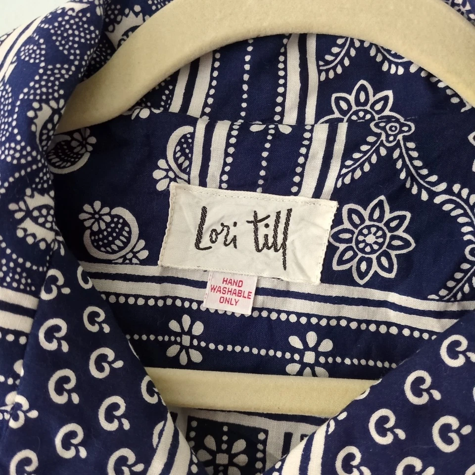 VTG 1960s Lori Till Navy White Paisley Americana Print Belted Mini Button Dress - Image 3 of 4