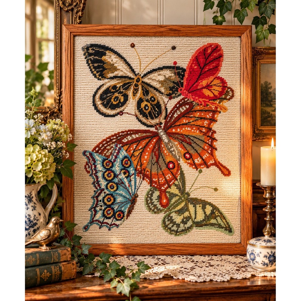 Vintage Handmade Butterfly Needlepoint Wall Art – 17.5" x 22" Framed Cottagecore