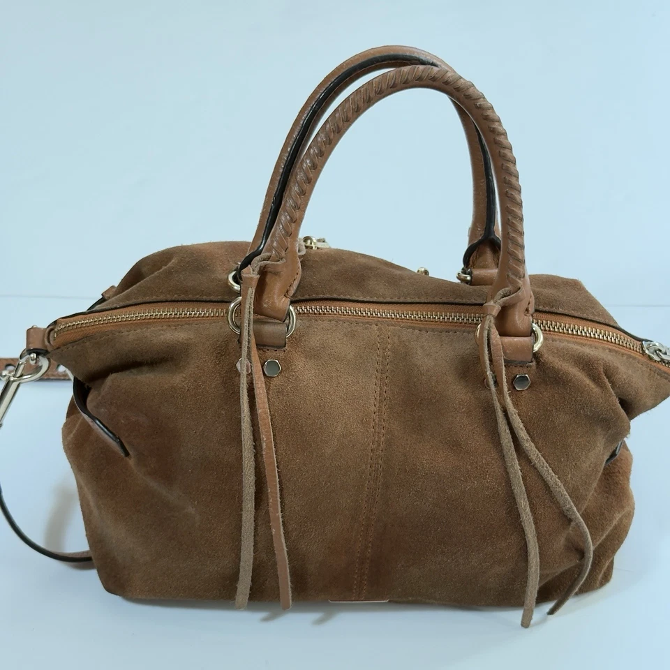 Bolsa satchel Rebecca Minkoff micro moto couro amêndoa tiracolo franja boho chique - Imagem 2 de 4