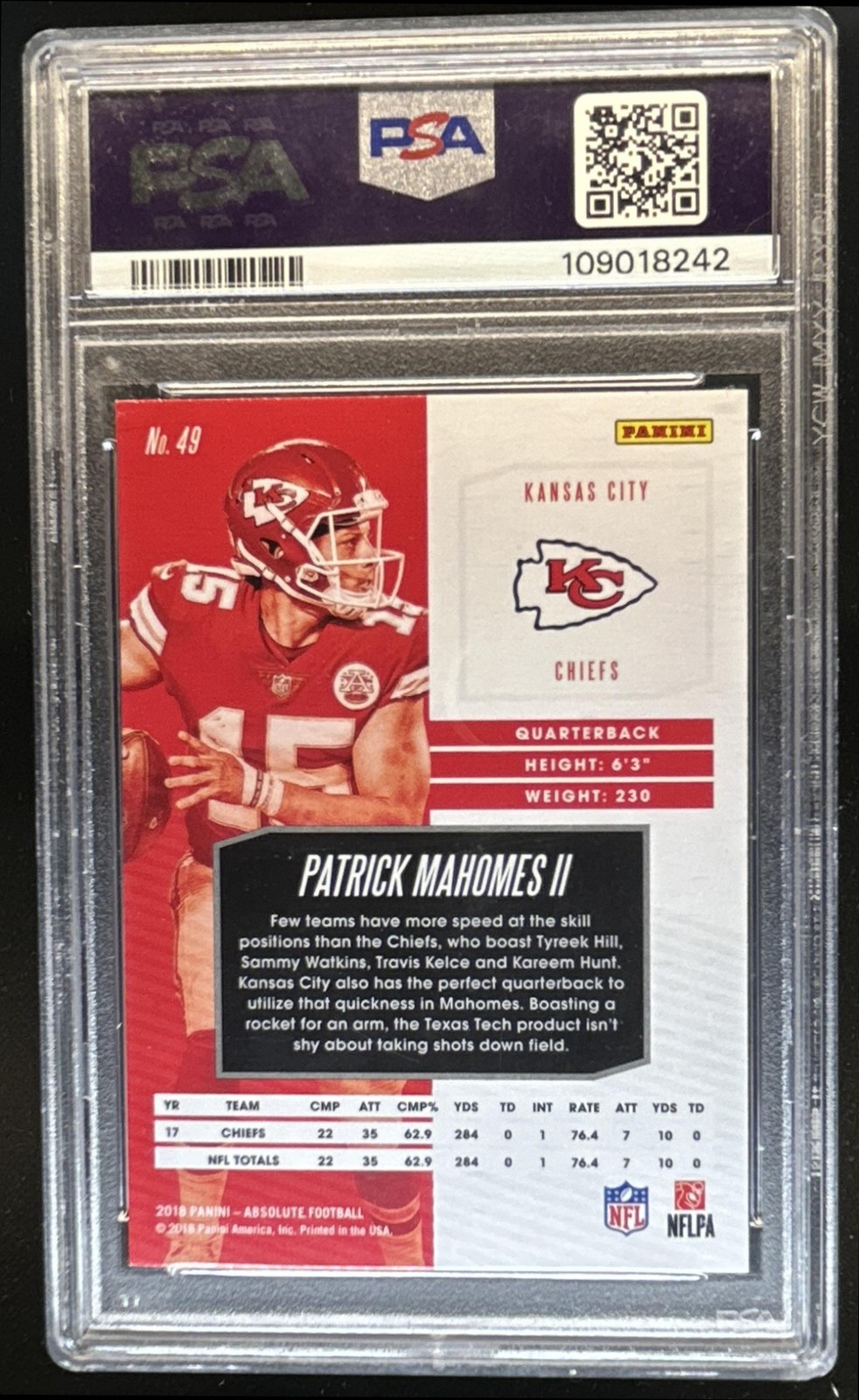 2018 Panini Absolute Patrick Mahomes II #49 Chiefs PSA 9 view 2