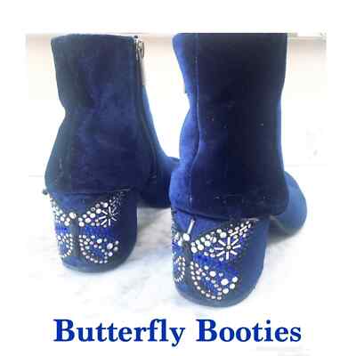 Libby Edelman Women's Blue Zip Round Toe Butterfly Velour Heel Booties Size 