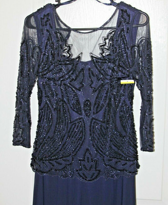 *121 Pisarro Nights Sequin & Beads 3/4 Sleeve Long Dress  Sz 4  navy blue
