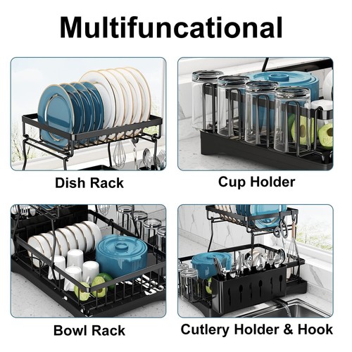 2-Tier Metal Drying Dish Rack and Drain Board Set Utensil Holder Kitchen Counter - Picture 9 of 21
