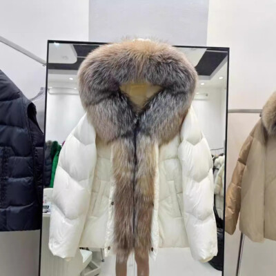 Women's Jacket 90% White Duck Down Hooded Warm Jacket Real Fox Fur Collar Coat