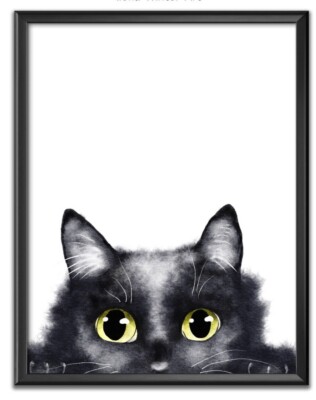 Personalisierter schwarzer guckender Katzengesicht Aquarell Gemälde Druck