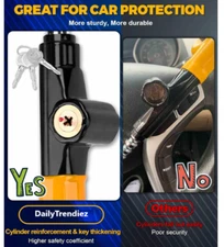 Yellow Steering Wheel Lock - Anti-Theft Car Security Device w/ 3 Keys, Adjustabl