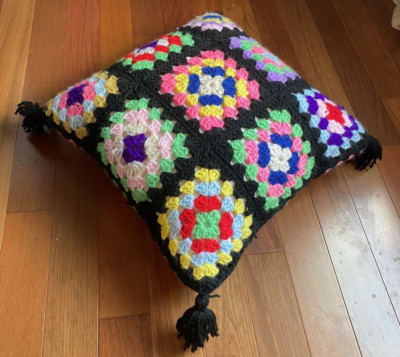 Vtg Granny Squares Pillow Crochet Afghan Boho Cottagecore 18  Square LARGE Throw