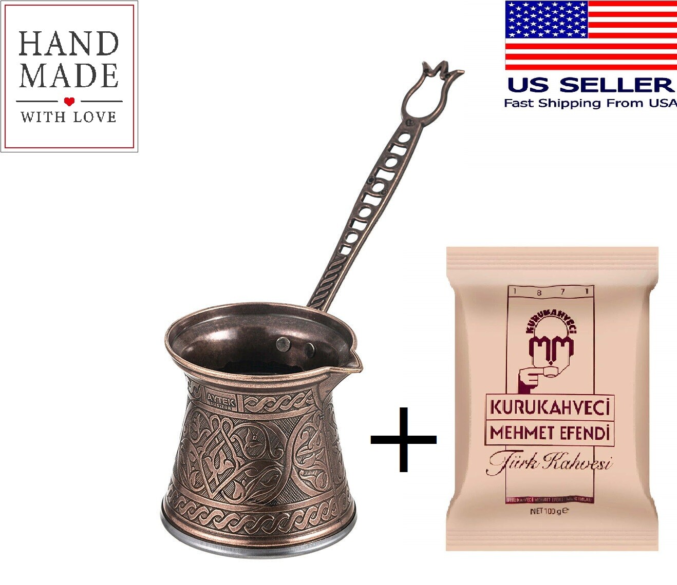 Handmade Turkish Copper Coffee Pot, Arabic Greek Coffee Maker, Ibrik Cezve, 8 oz