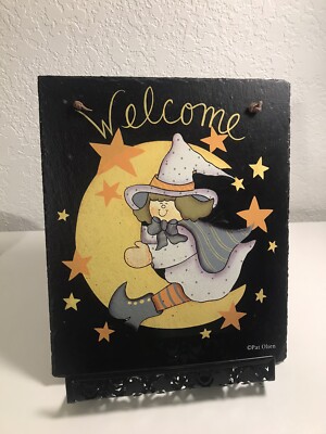 Vintage 90s Pat Olson Halloween Witch Slate Wall Decor Whimsy Goth Novelty