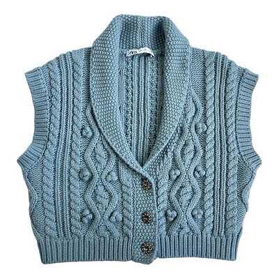 Zara turquoise cable knit vest with jewel buttons (size XS)