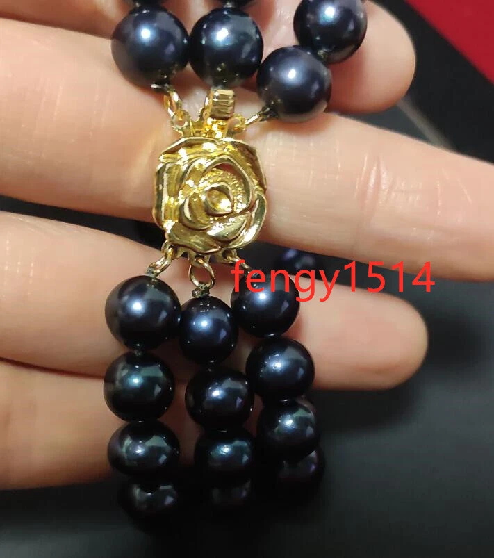 Brazalete 3 Filas AAA+ 9-10mm Tahití Redondo Negro Azul Perla Perla 7.5-8" 14k Foto 3 de 4