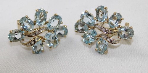 Vintage 14K Yellow Gold Aquamarine and Single Cut Diamonds Omega Back Earrings - 第 2/6 張圖片